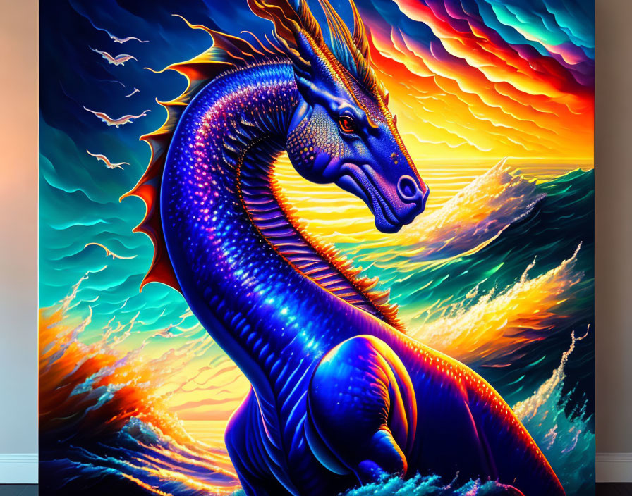 Blue dragon artwork against fiery sunset sky and ocean waves