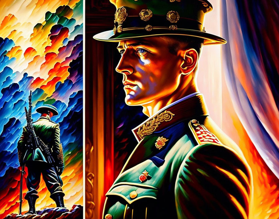 Colorful illustration of a soldier in uniform against swirling backdrop