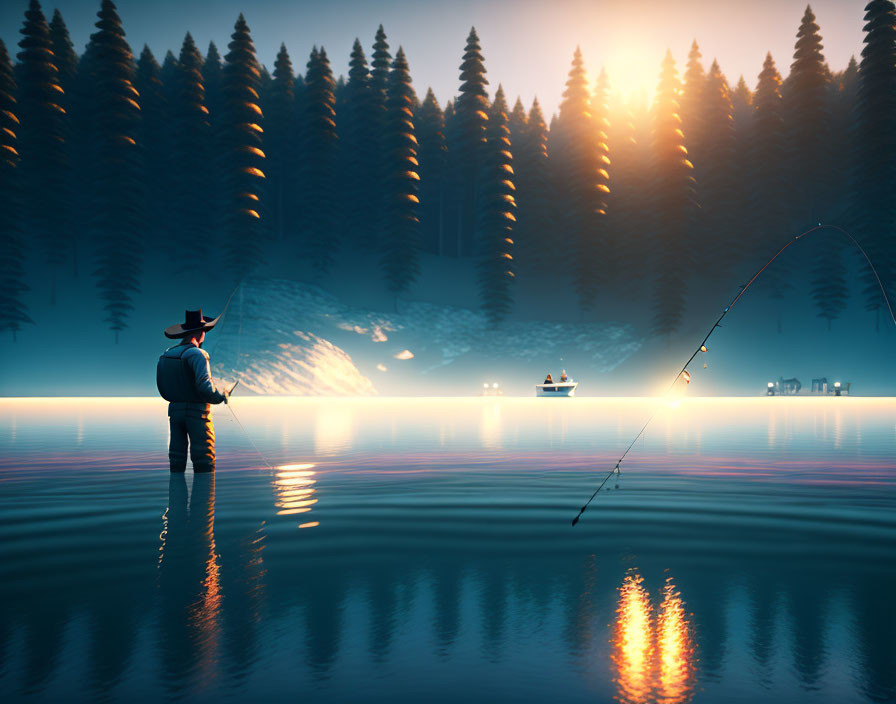 Fisherman casting line at dusk by dense pine trees