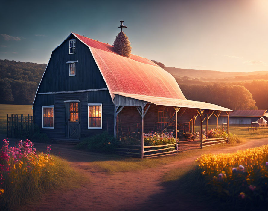 Rustic barn with red roof in sunset setting surrounded by greenery and flowers