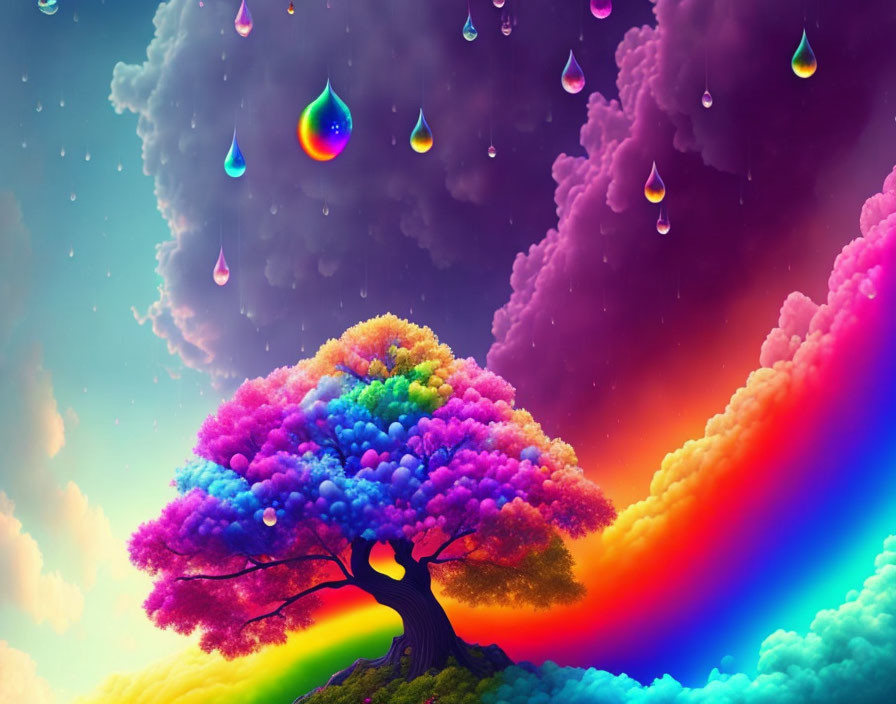 Colorful digital artwork: Multi-hued tree with rainbow under vibrant sky.