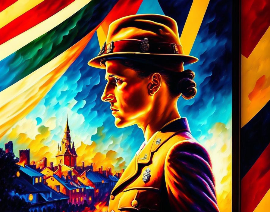 Vibrant profile portrait of a female soldier in uniform with rainbow backdrop and cityscape.