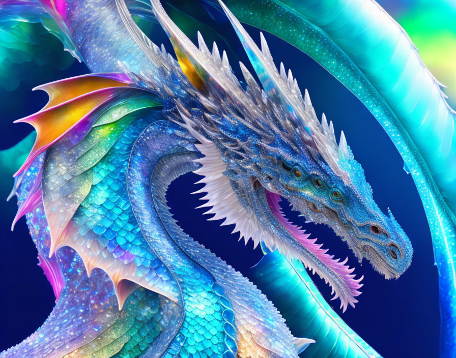 Colorful Dragon Artwork with Feathers and Horns on Blue Background