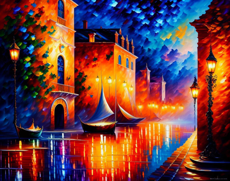 Colorful Venetian Canal Night Scene with Gondolas & Autumn Leaves