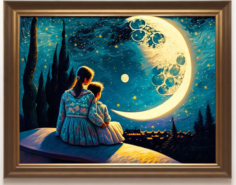 Two people admiring surreal nightscape with multiple moons and stars.