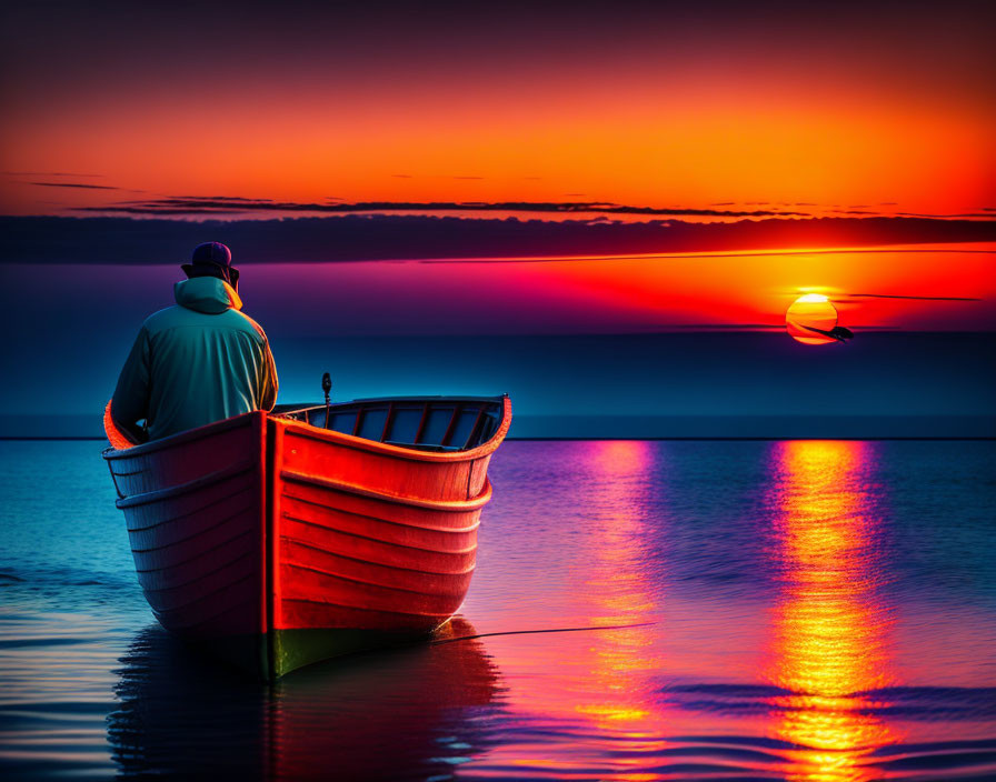 Figure in Red Boat on Calm Waters at Sunset with Vibrant Reflections