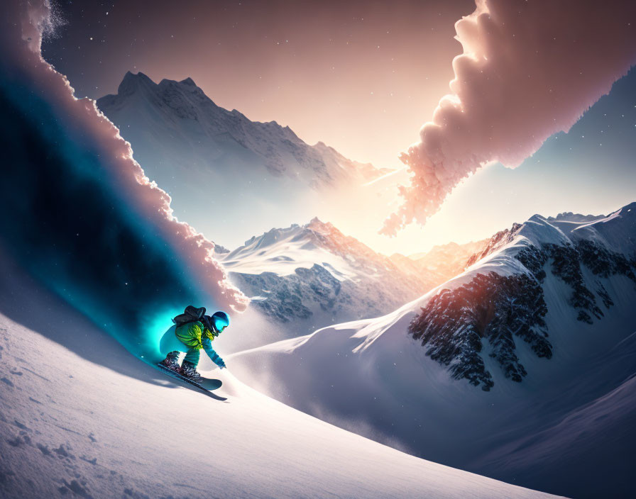 Snowboarder carving on steep mountain slope at twilight with pink sky & aurora.