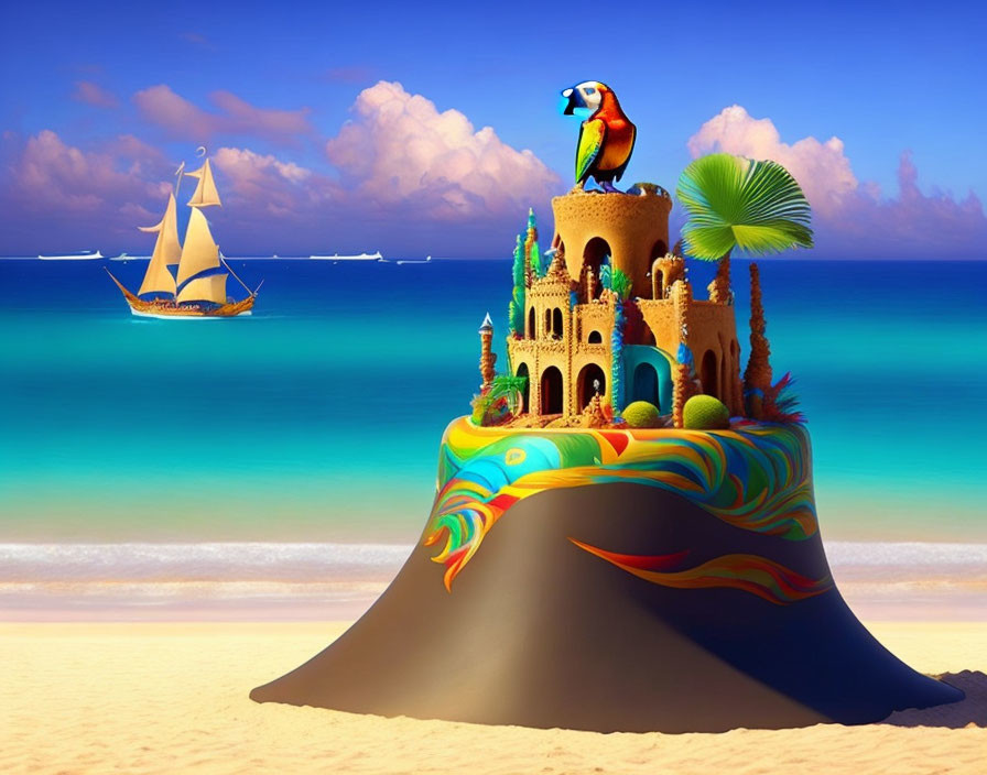 Colorful sandcastle with parrot on beach by clear blue sea.