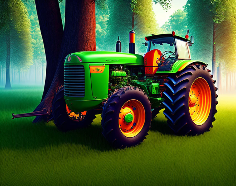 Green tractor in lush forest with sunlight rays