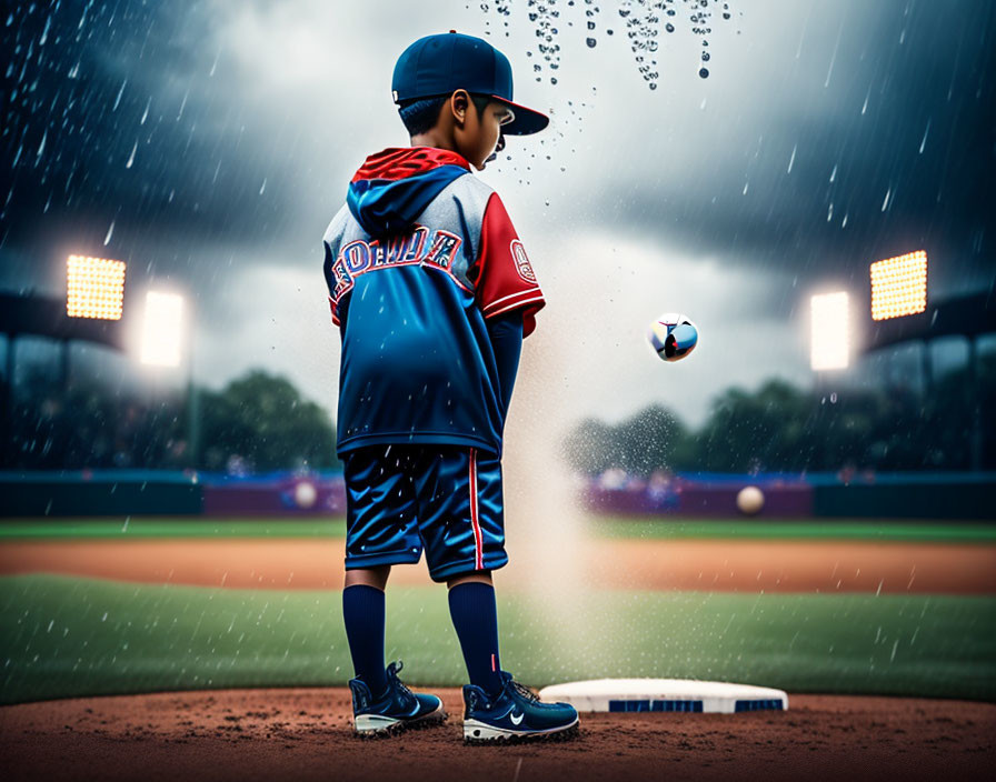 Child in baseball uniform gazes at hovering baseball on rainy night pitch