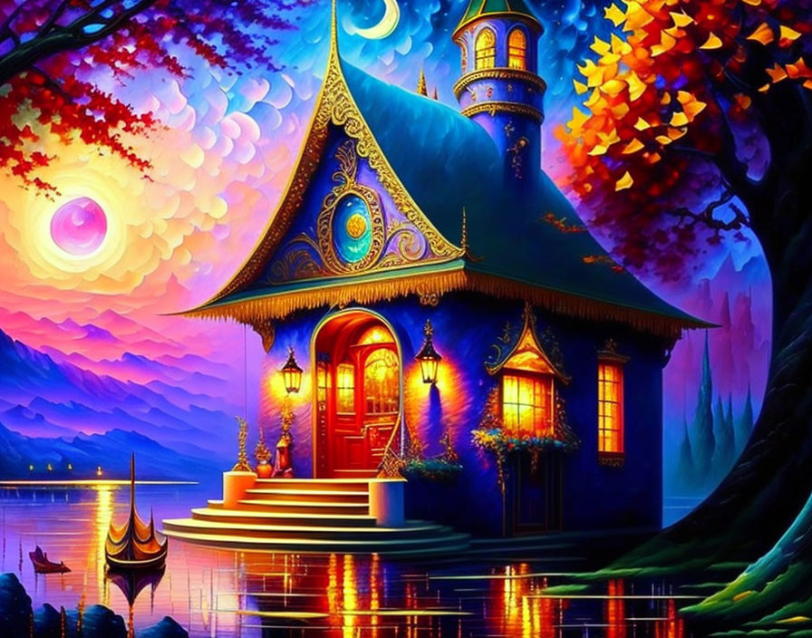 Fantasy artwork: Whimsical house, blue roof, lake, colorful trees, sunset sky