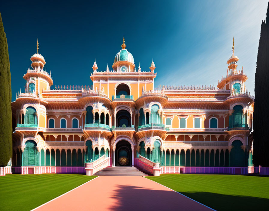 Ornate palace with domes and arches against blue sky