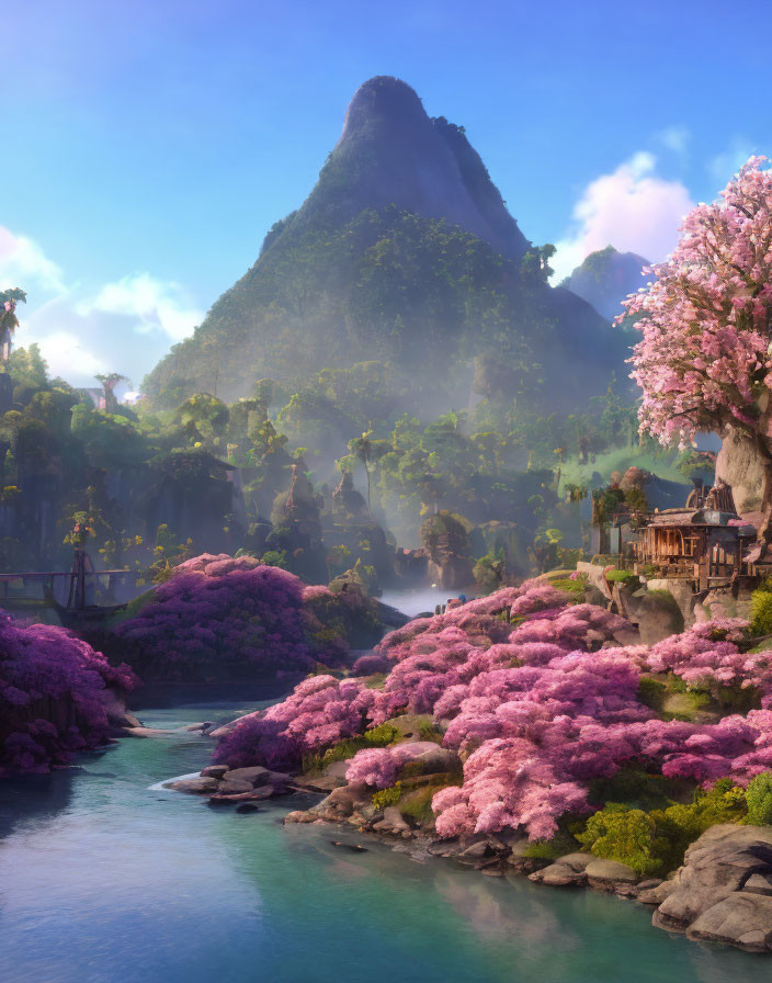 Tranquil river landscape with cherry blossoms and mountain village