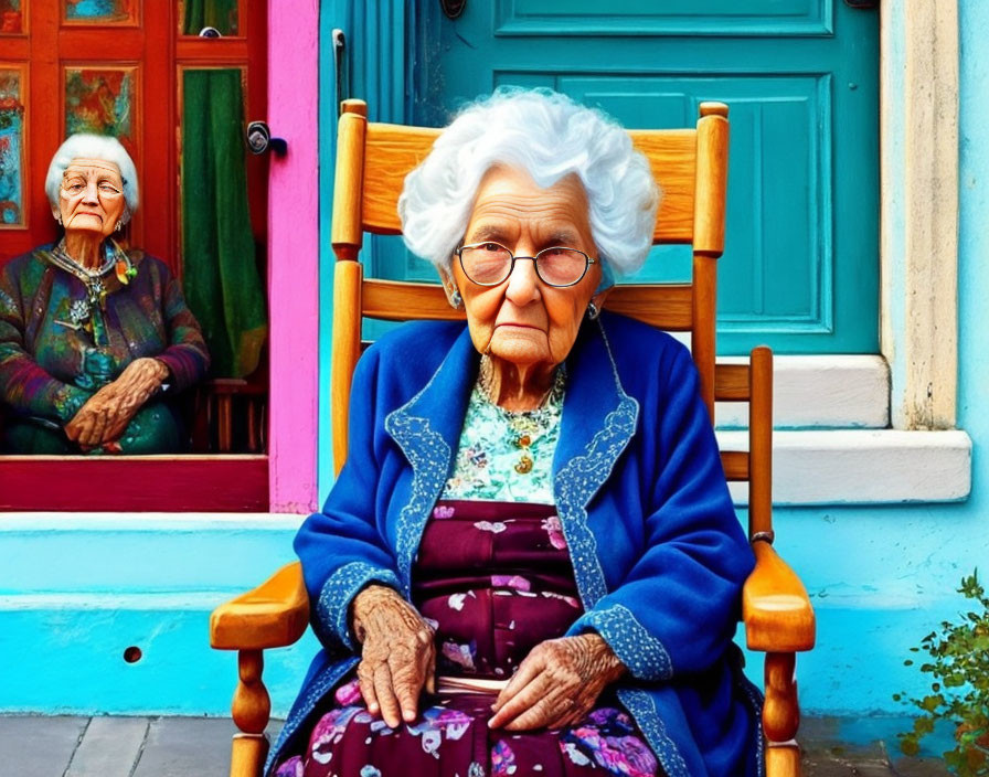 Elderly women by vibrant blue doorway, one in rocking chair, one inside.