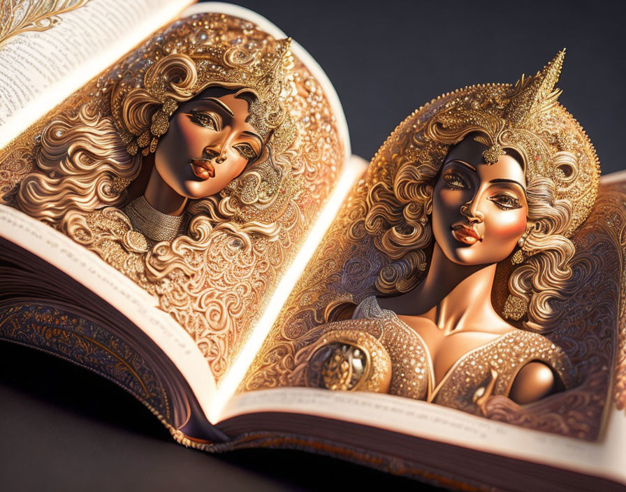 Ornate 3D illustrations of queen in open book