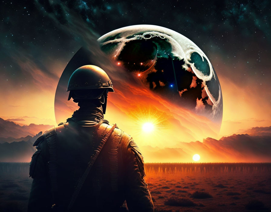 Futuristic soldier admires surreal sunset with massive moon over mountainous landscape