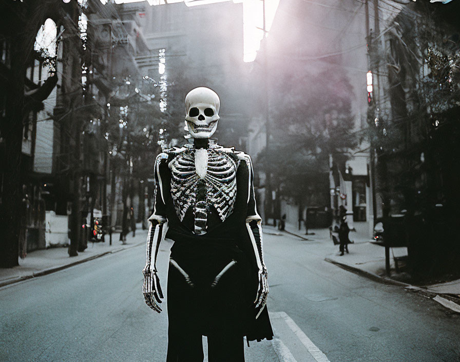 Skeleton costume in urban street with bare trees