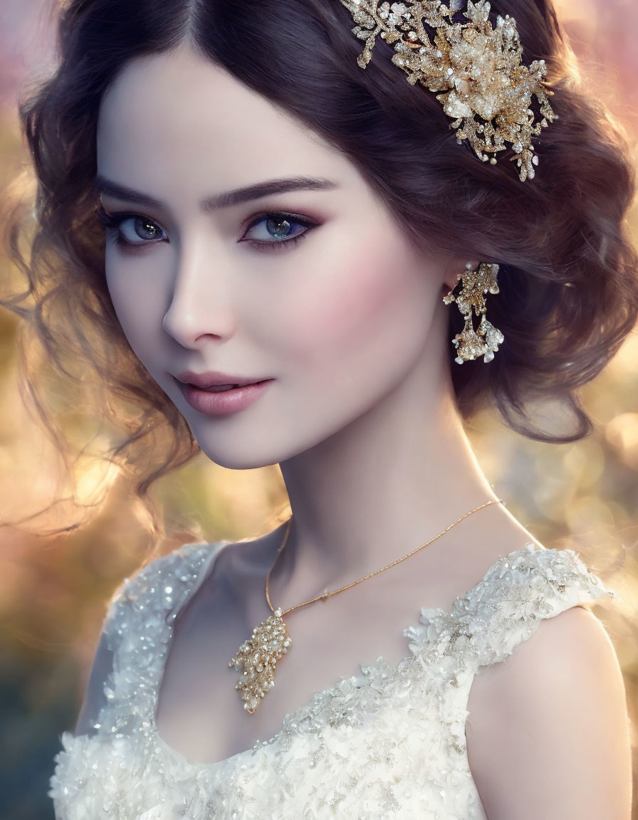 Intricate gold details on woman's hairpiece and necklace against blurred background