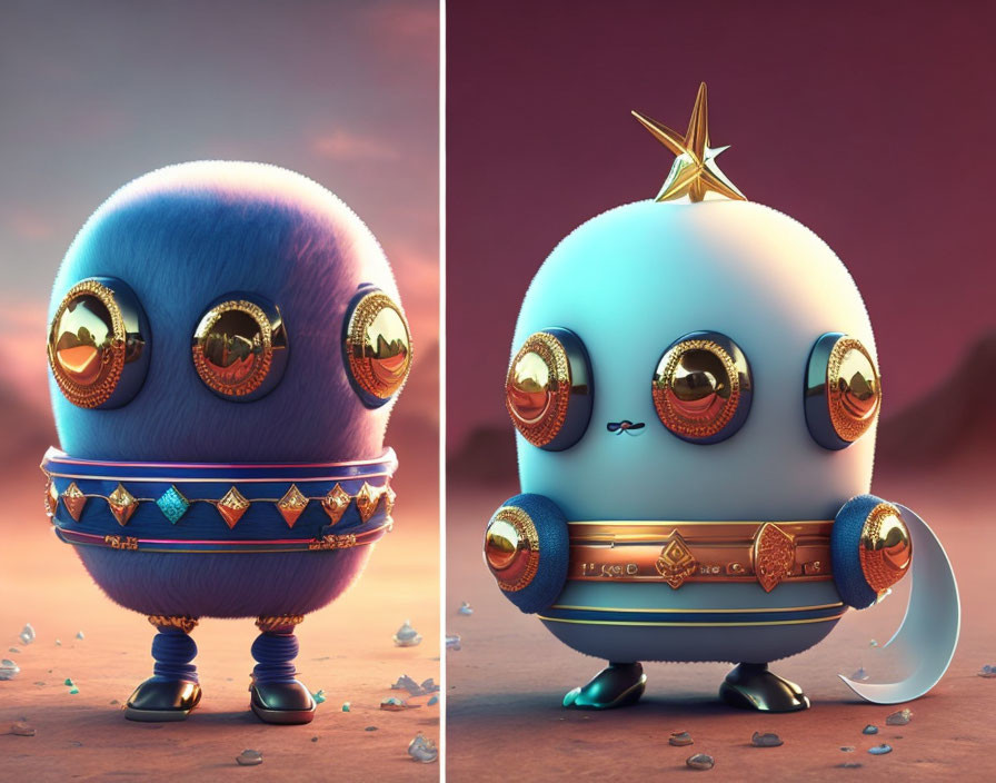 Stylized spherical robotic characters with ornamental designs in blue and white against a sunset-like background