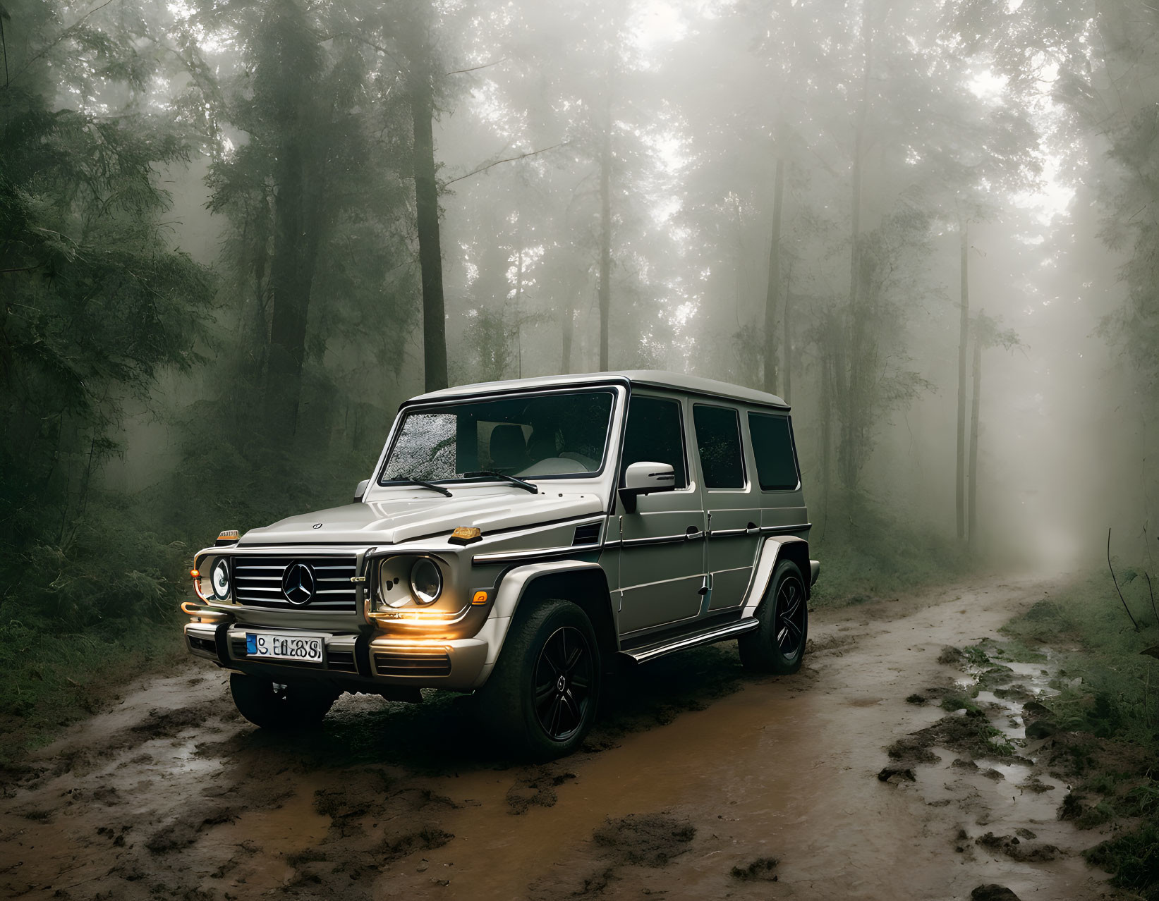 Mercedes-Benz G-Class SUV on misty forest road with fog-covered trees