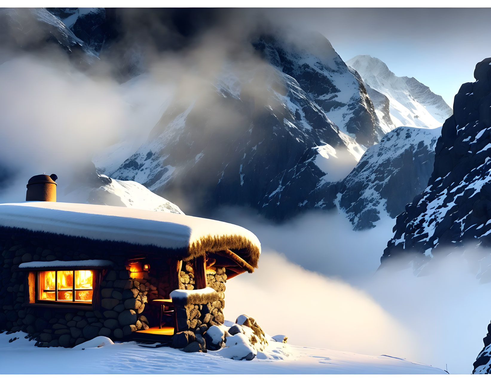 Snow-covered cottage at twilight against misty mountains