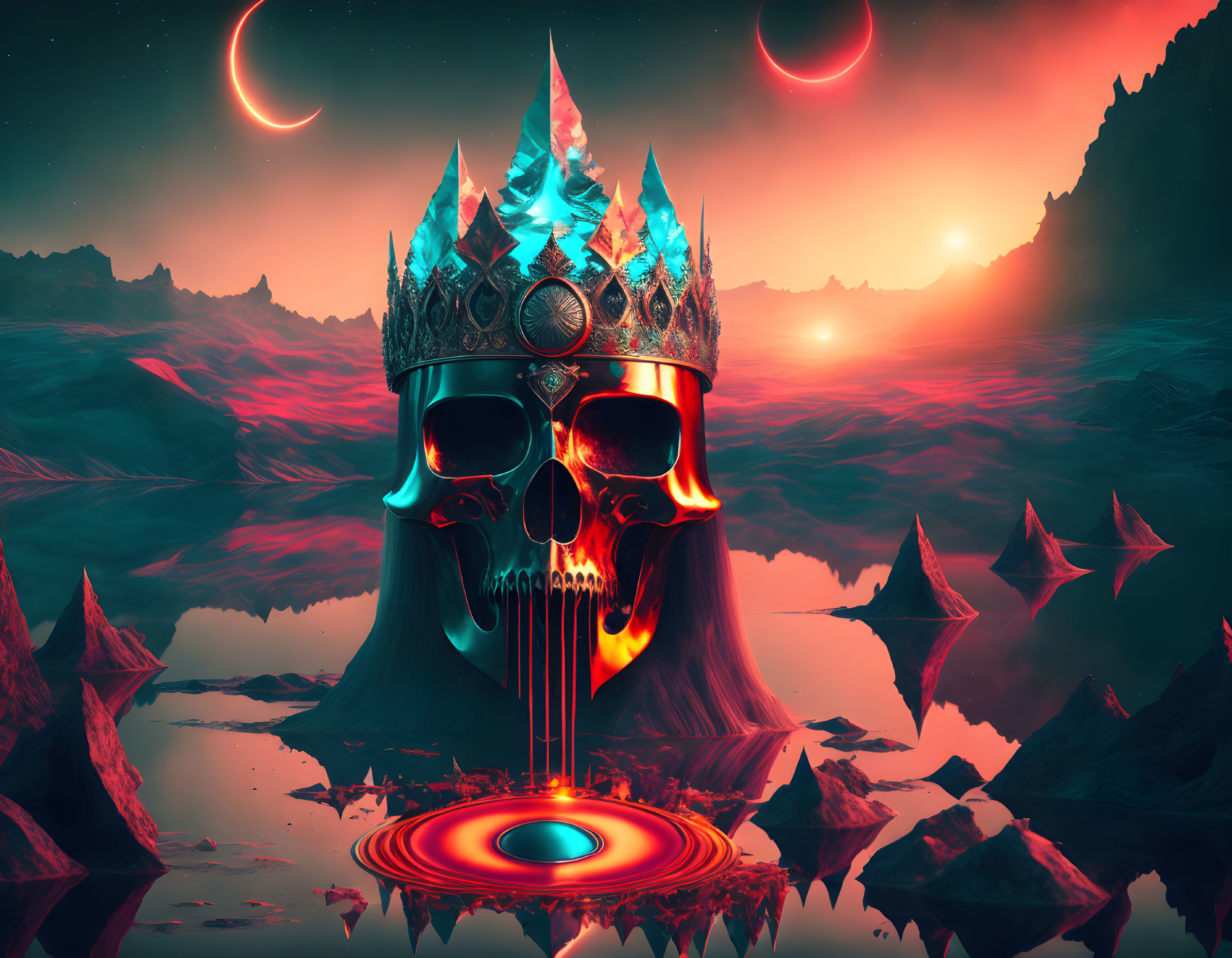 Surreal illustration: Skull with crown in reflective liquid, suns, mountains