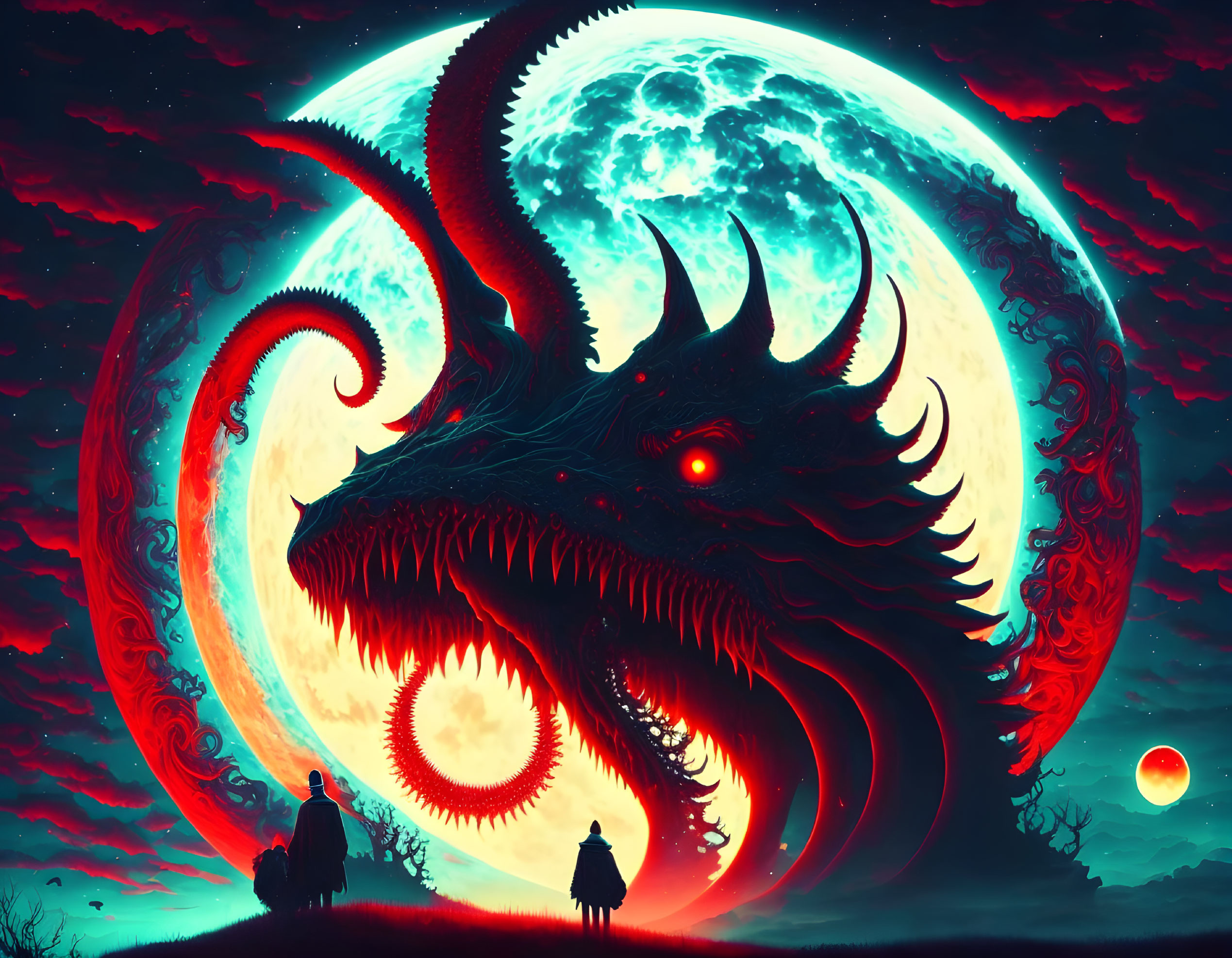 Giant dragon overlooking silhouetted figures under a red and blue moon