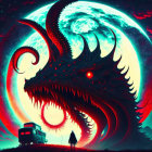 Giant dragon overlooking silhouetted figures under a red and blue moon