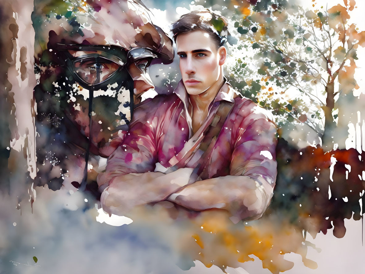 Contemplative man depicted in watercolor with double exposure effect