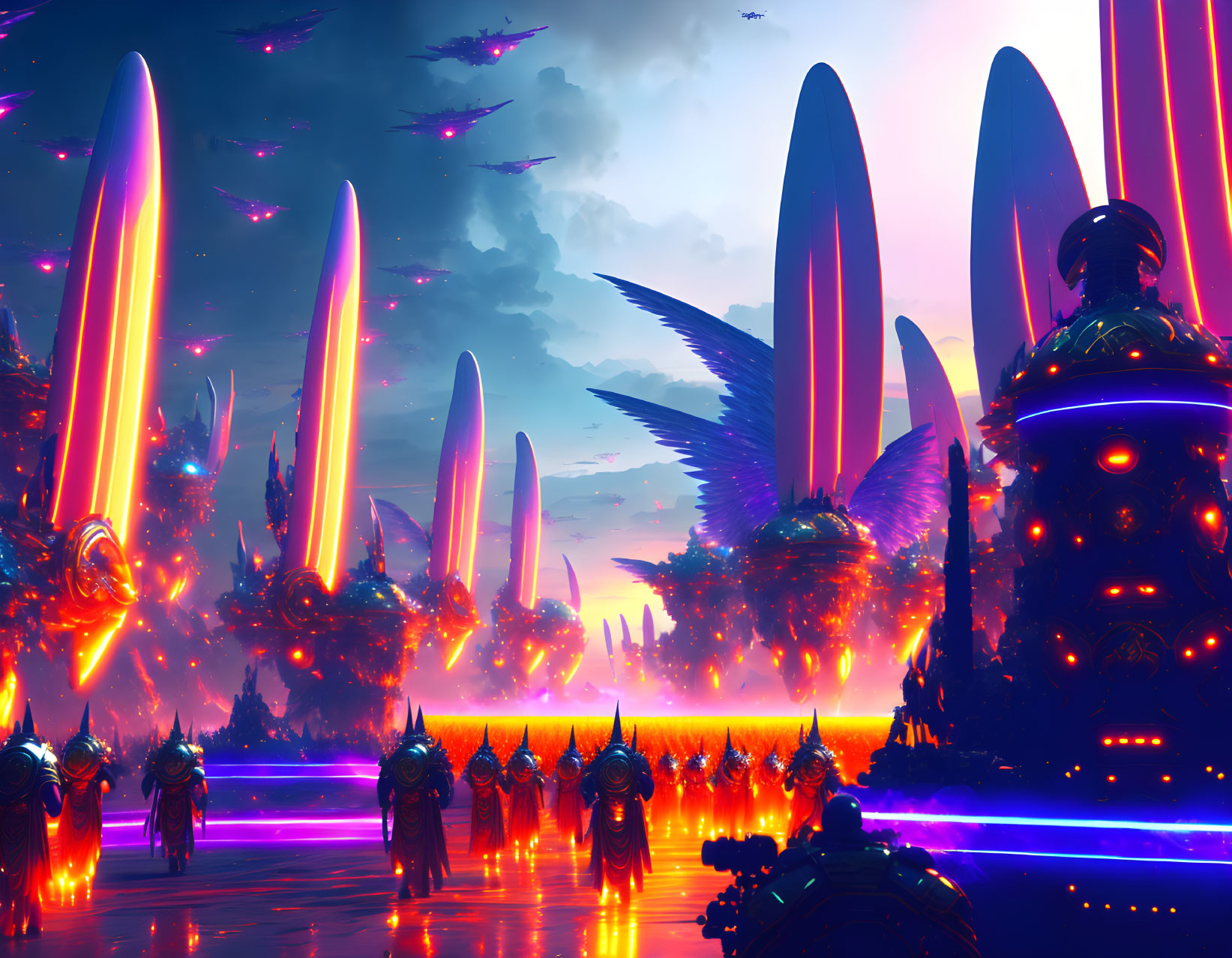 Vibrant Purple Skies Over Futuristic Alien Landscape