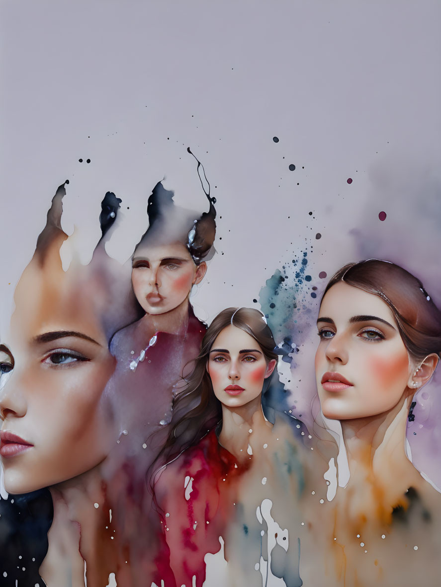 Abstract Watercolor Painting of Three Blended Female Faces