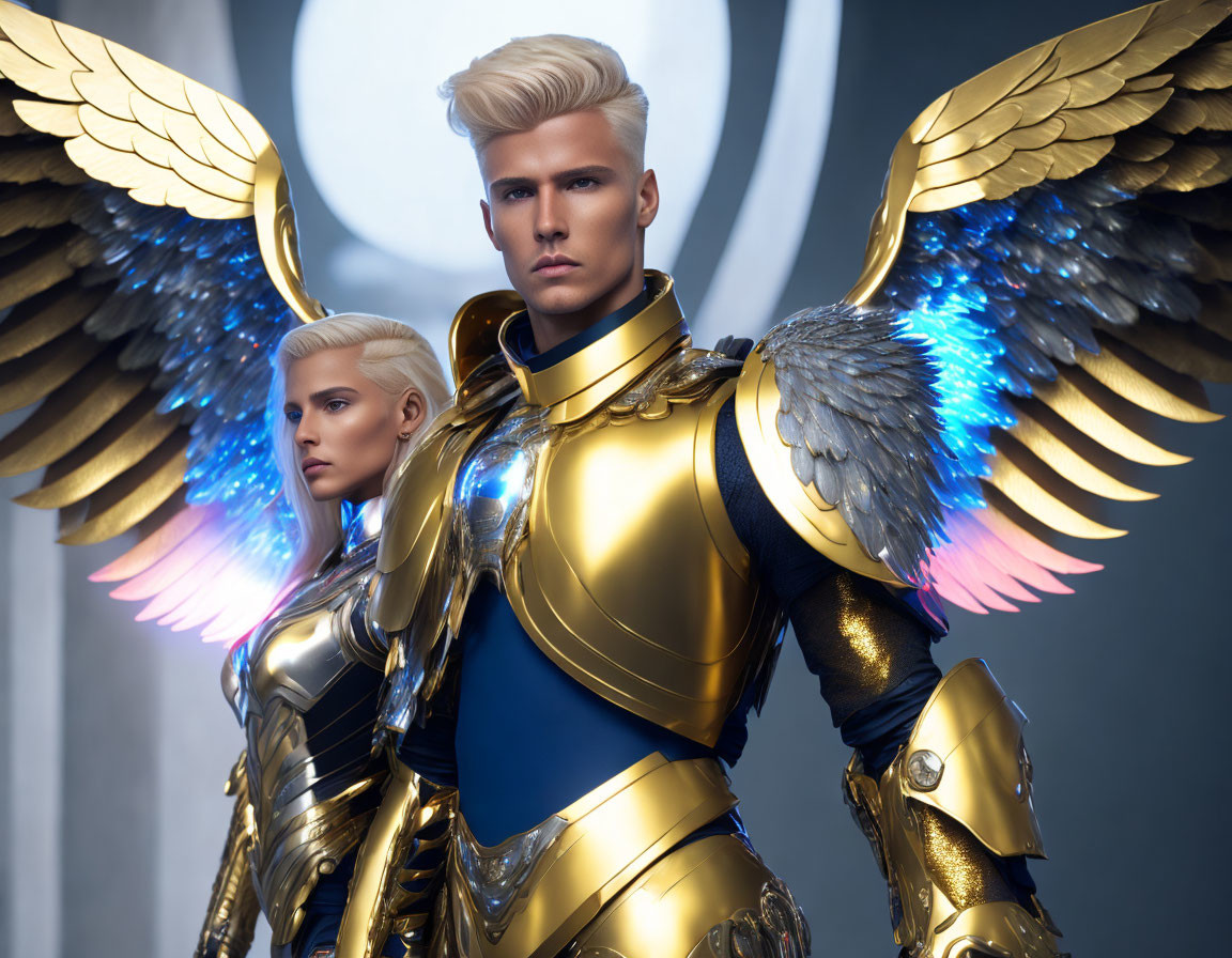 Futuristic warriors in golden armor with illuminated wings on metallic background