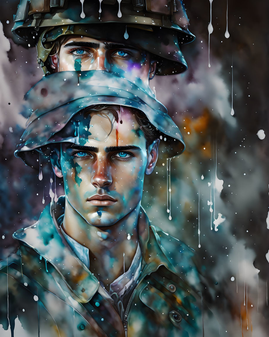 Vivid digital artwork: man in military attire with emotional gaze