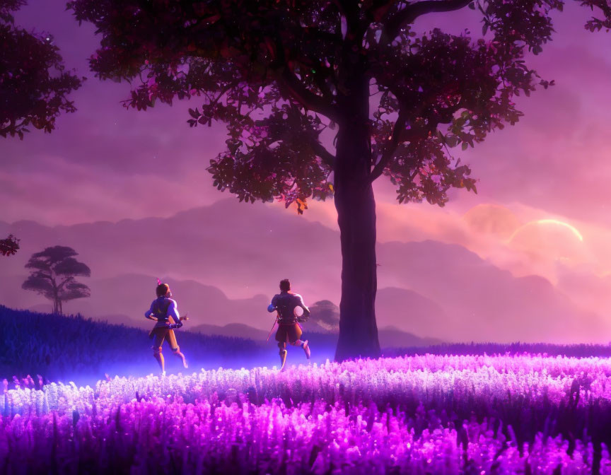 Two figures running in vibrant purple field at sunrise with tree and misty forest background