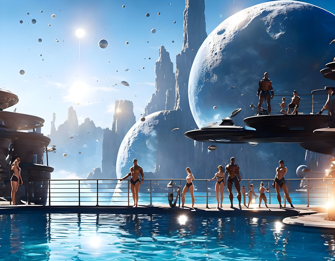 Futuristic resort with pool, floating platforms, spaceships, celestial bodies