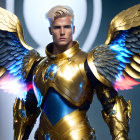 Futuristic warriors in golden armor with illuminated wings on metallic background