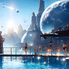 Futuristic resort with pool, floating platforms, spaceships, celestial bodies