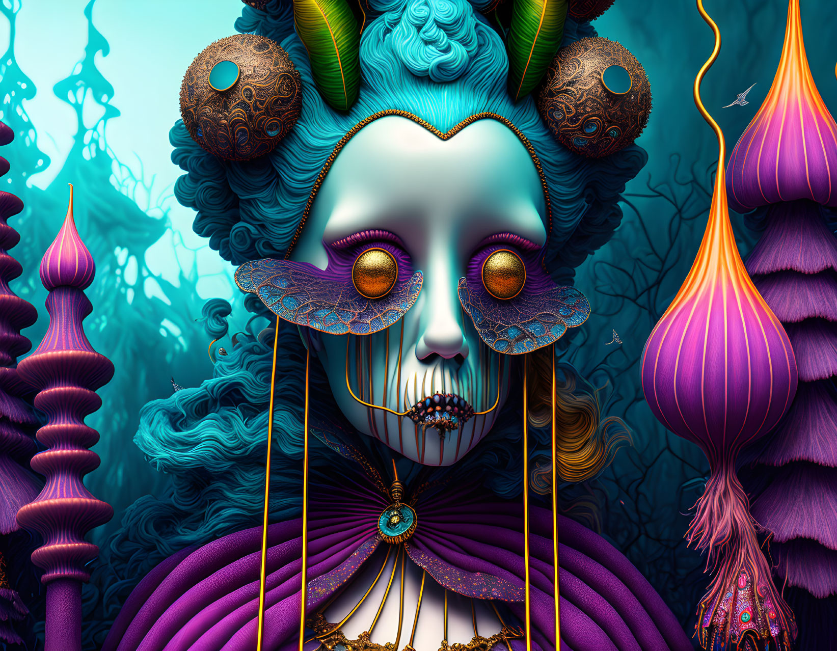 Digital artwork: Stylish female figure with golden eyes, skeletal face, blue hair, purple attire in