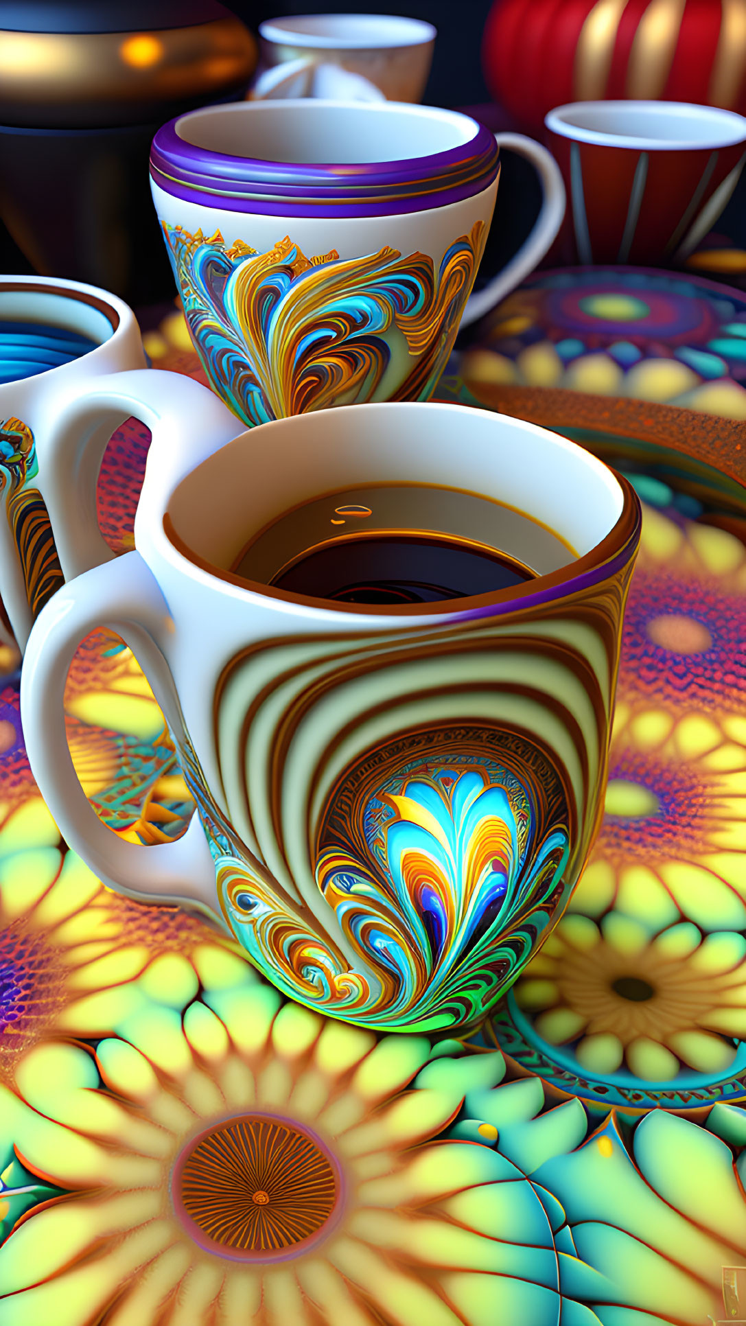 Intricate Fractal Designs on Coffee Cups and Surface