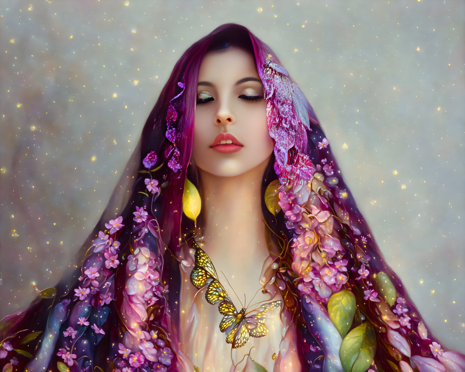 Portrait of woman with purple hair and floral adornments against starry backdrop