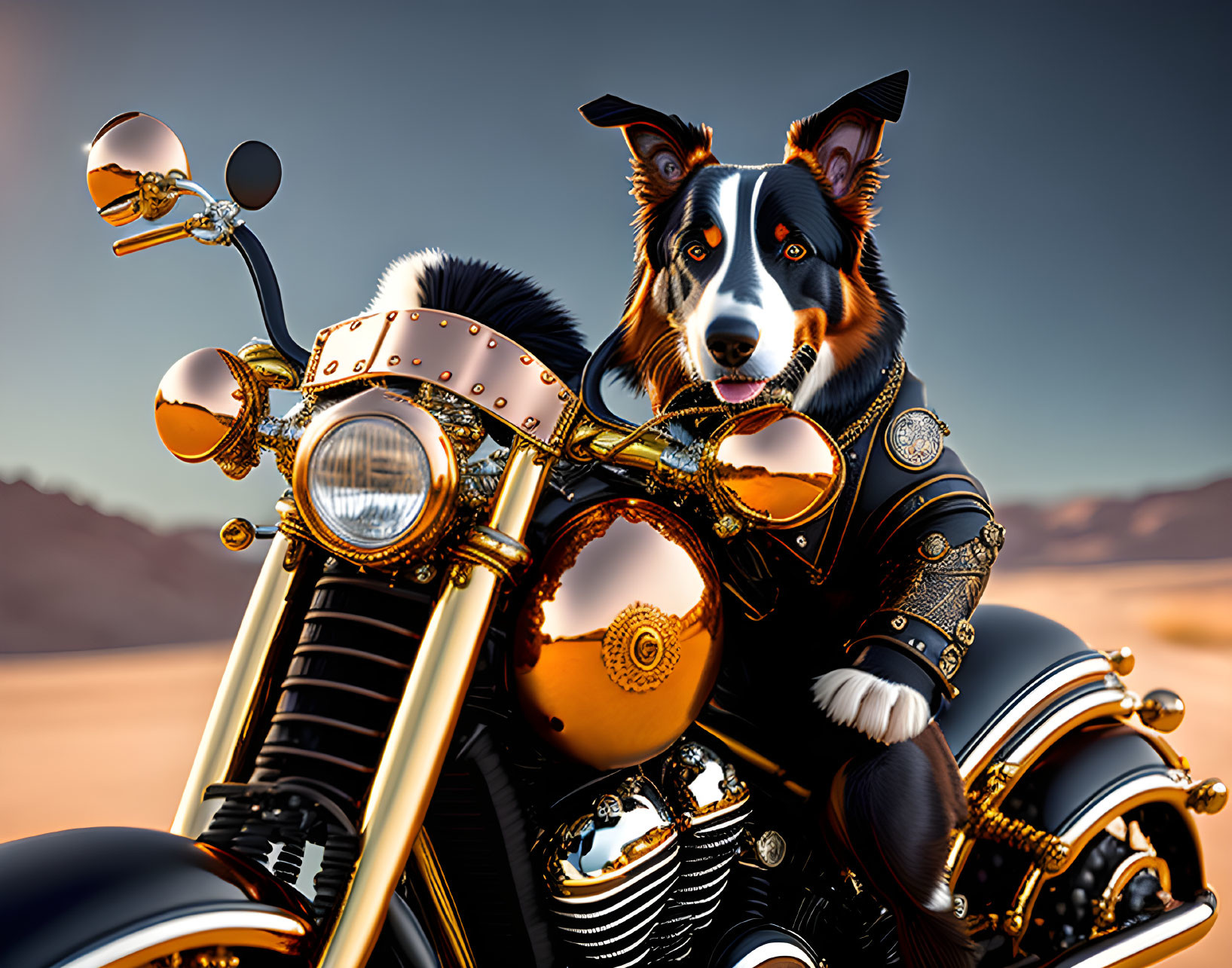 Confident Dog in Sunglasses and Biker Jacket on Stylish Motorcycle