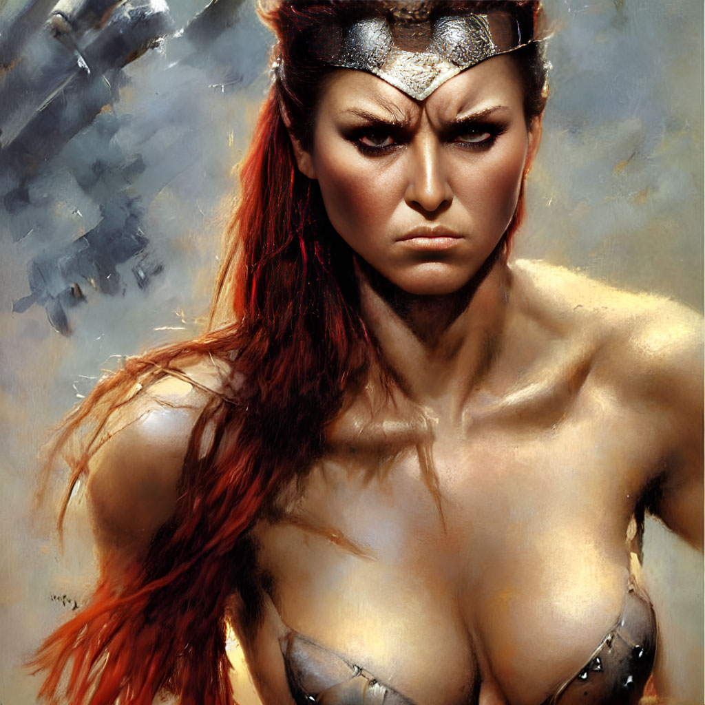 Intense warrior woman with fiery hair and metallic armor