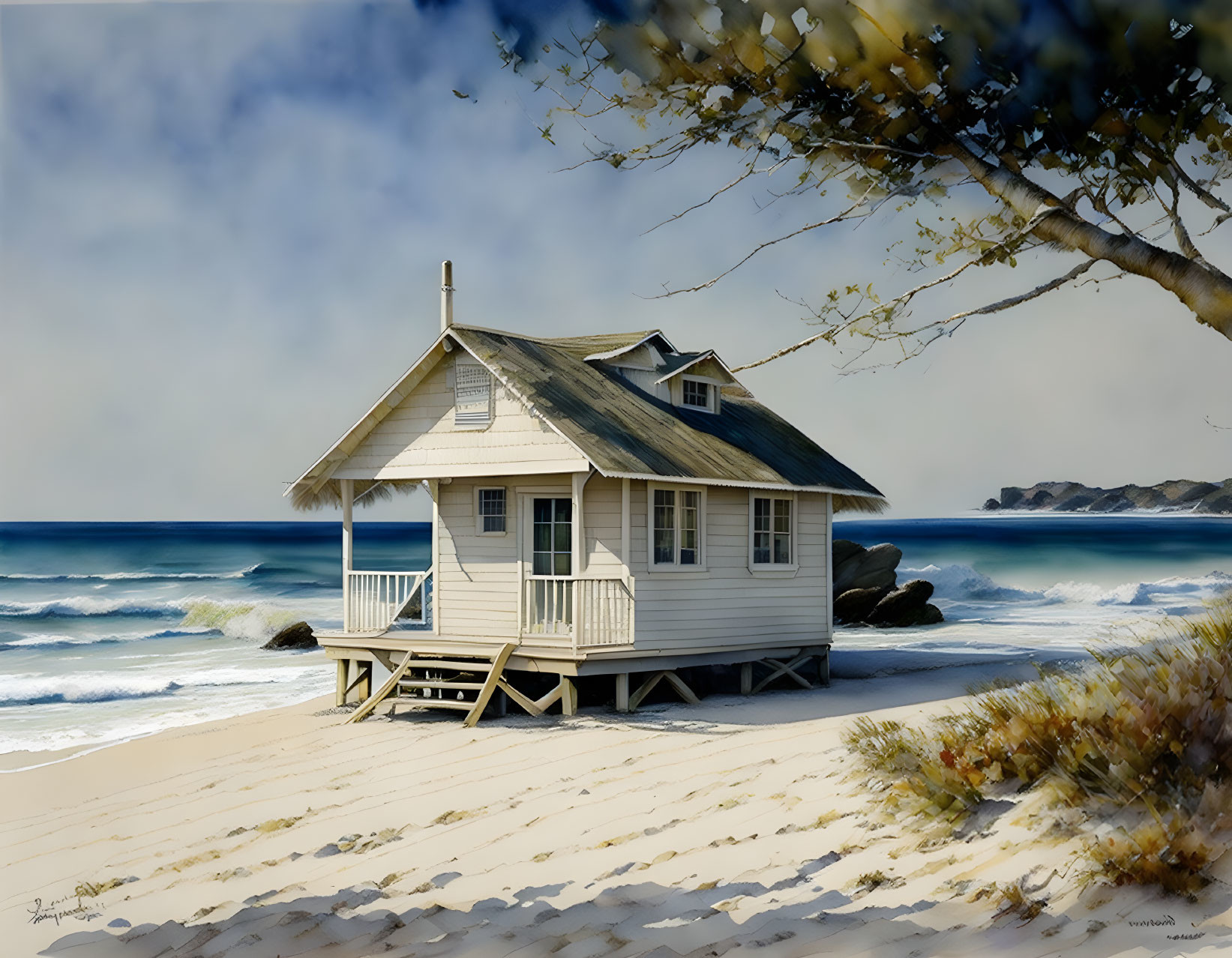 Wooden house on stilts by sandy beach with gentle waves and scattered clouds