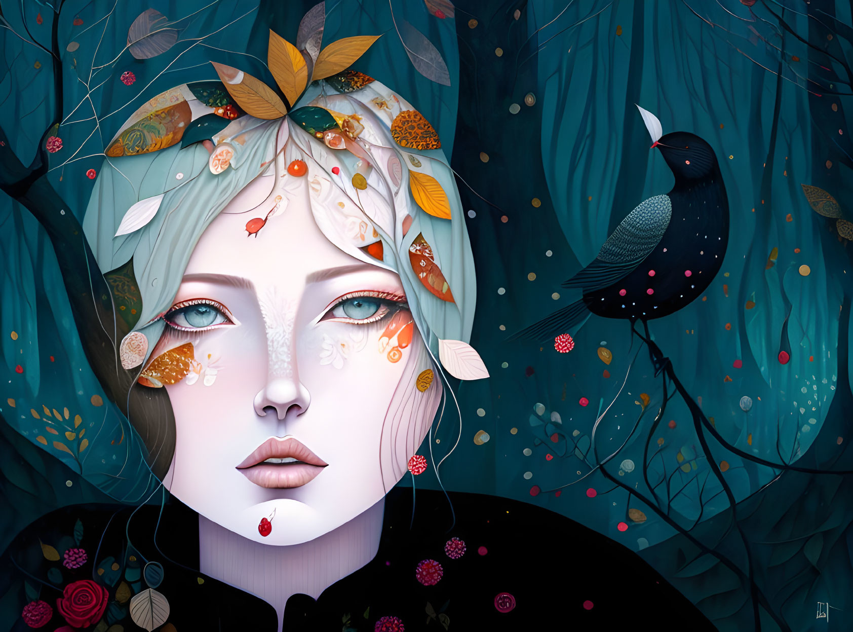 Stylized illustration of woman with leaves and bird in dark foliage