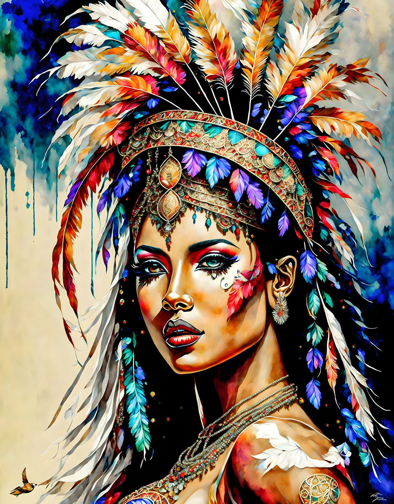 Vibrant depiction of a woman with feather headdress and butterfly