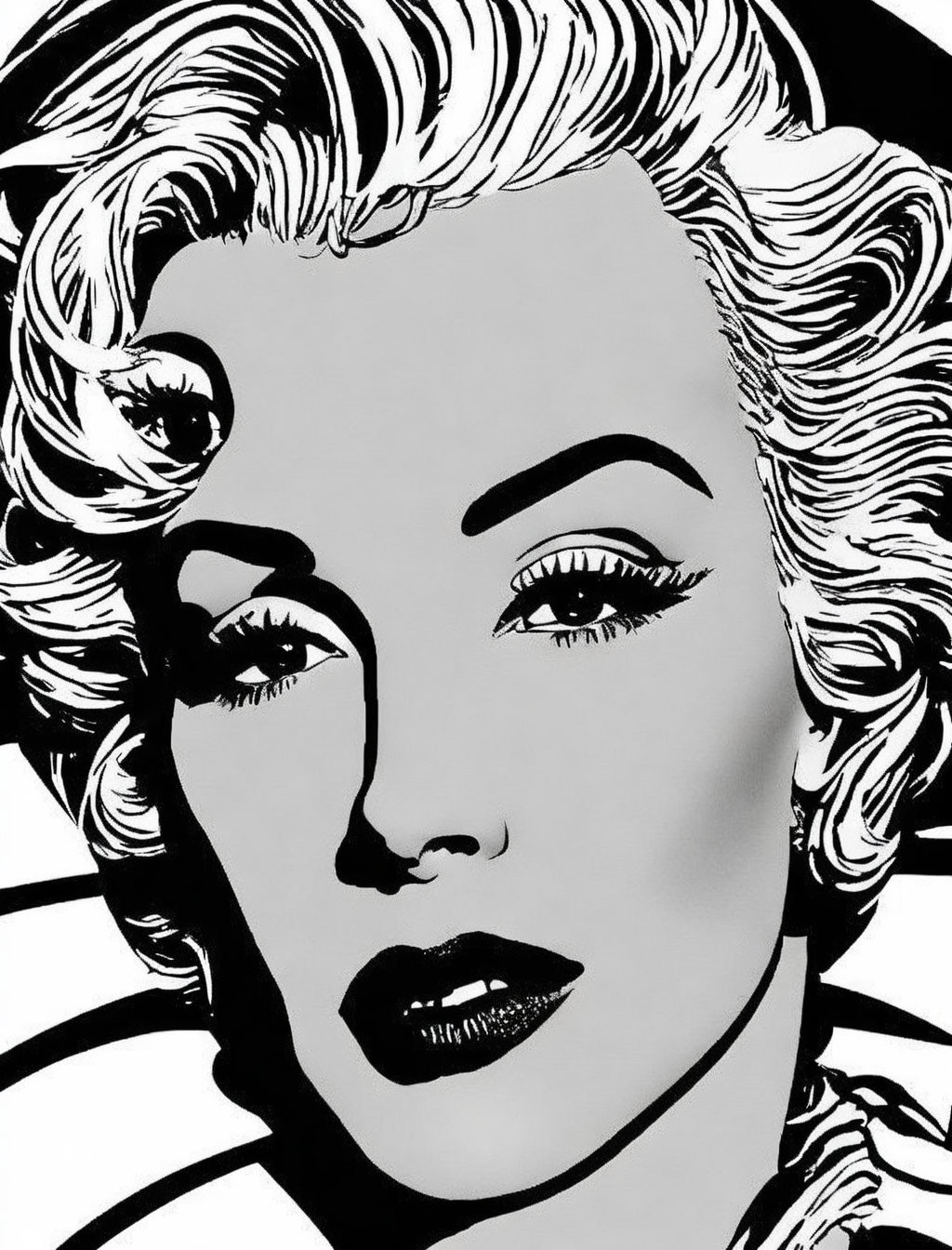 Monochrome graphic art: woman with eyelashes, wavy hair, and full lips