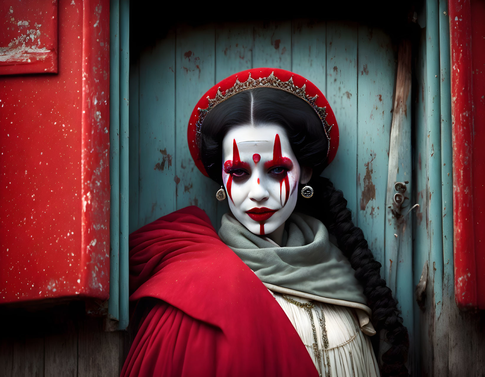 Person in theatrical white makeup with red accents, red headpiece, and cloak on blue wooden background.