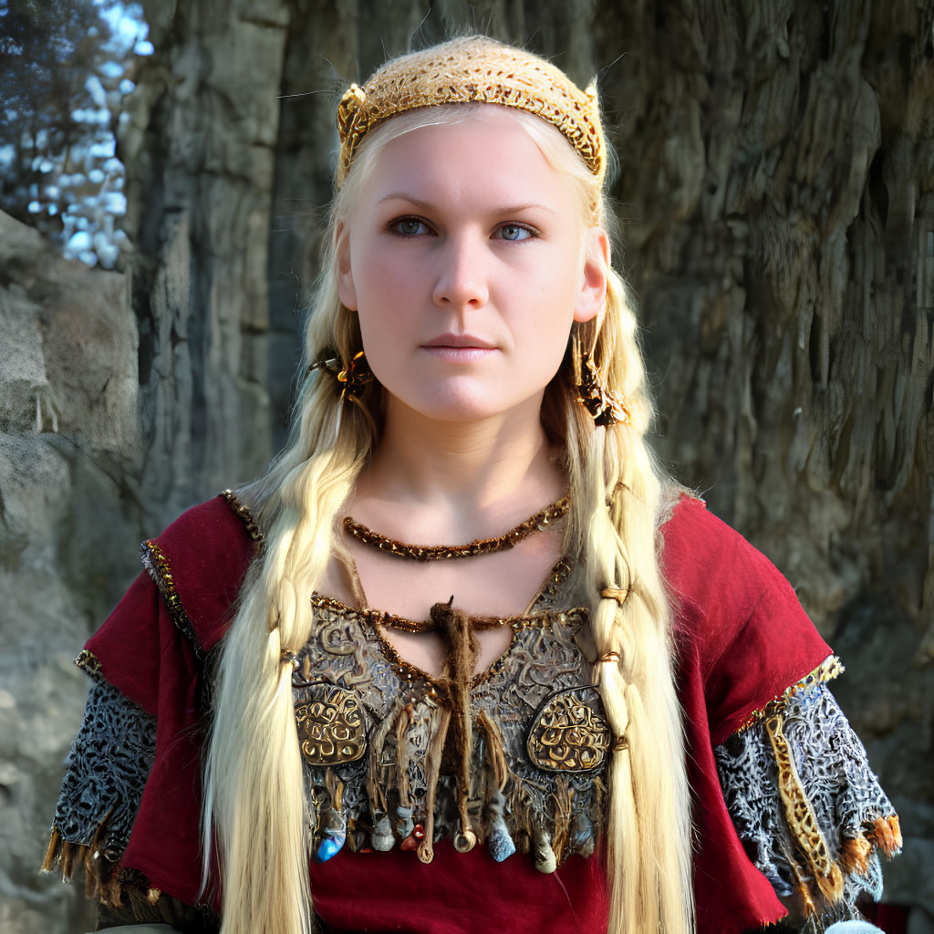 Medieval woman in crown and jewelry with braided hair standing by rocks