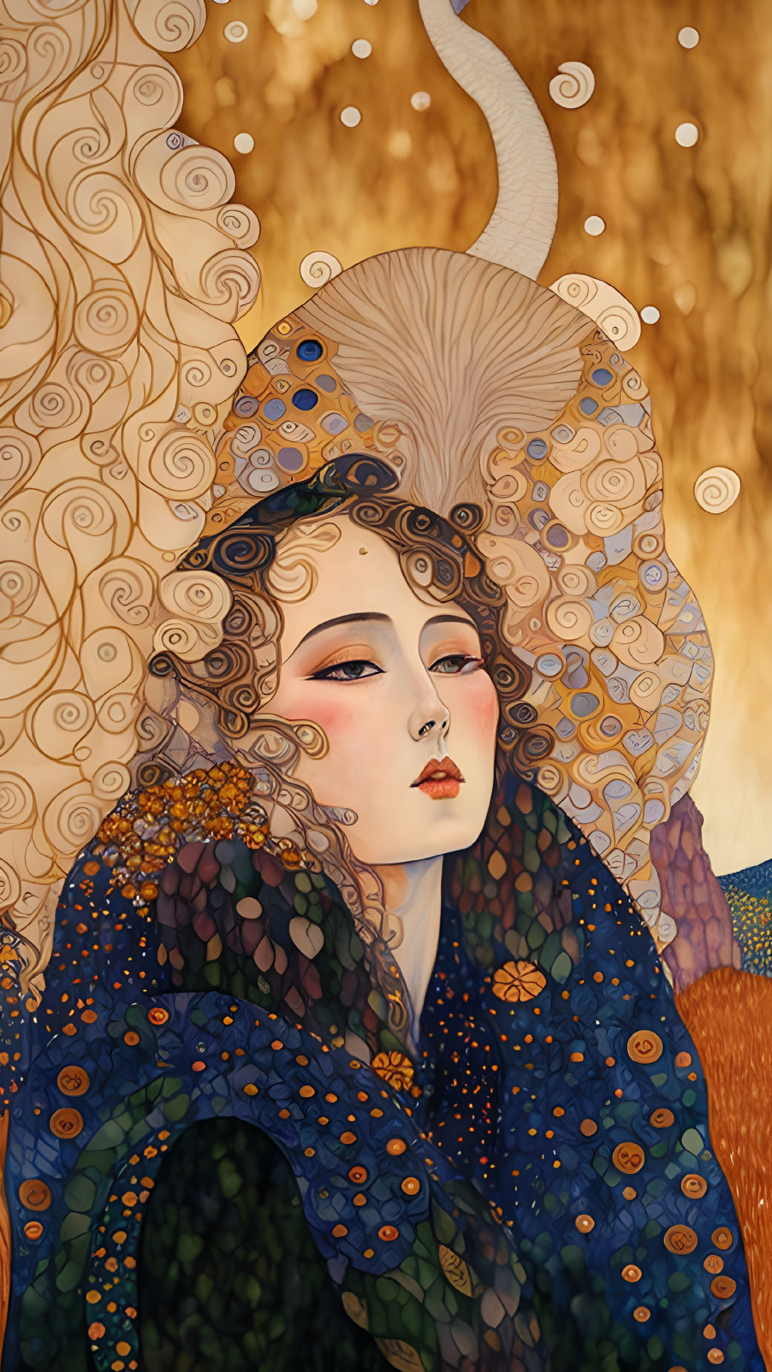 Mystical woman with swirling patterns and peacock feather-like adornments on golden backdrop