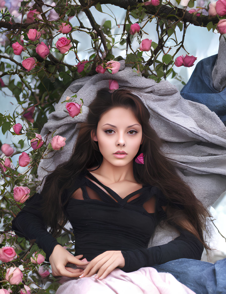 Long-haired woman reclines under pink rose canopy against cloudy sky.